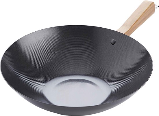 Point-Virgule Wokpan - Carbonstaal - Met Anti-aanbaklaag - Met Bamboe Handvat - 30cm